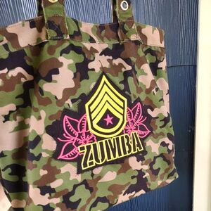 Zumba travel / gym bag/ satchel Army print, embroidered with snap closure.